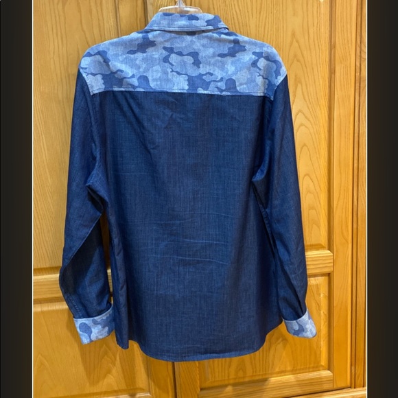 7 Diamonds Mens Long Sleeve Button Front Blue Camo Flip Cuff Shirt Size XL - Picture 2 of 10